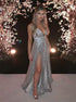 A Line V Neck Spaghetti Straps Silver Sequins Prom Dress with Slit LBQ2383